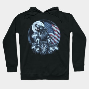 Wolves Under Moon Howling Wolf 4th of July American Flag Hoodie